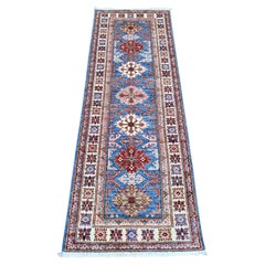 2'x6' Cerulean Blue Wool Hand Knotted Afghan Super Kazak Narrow Runner Rug