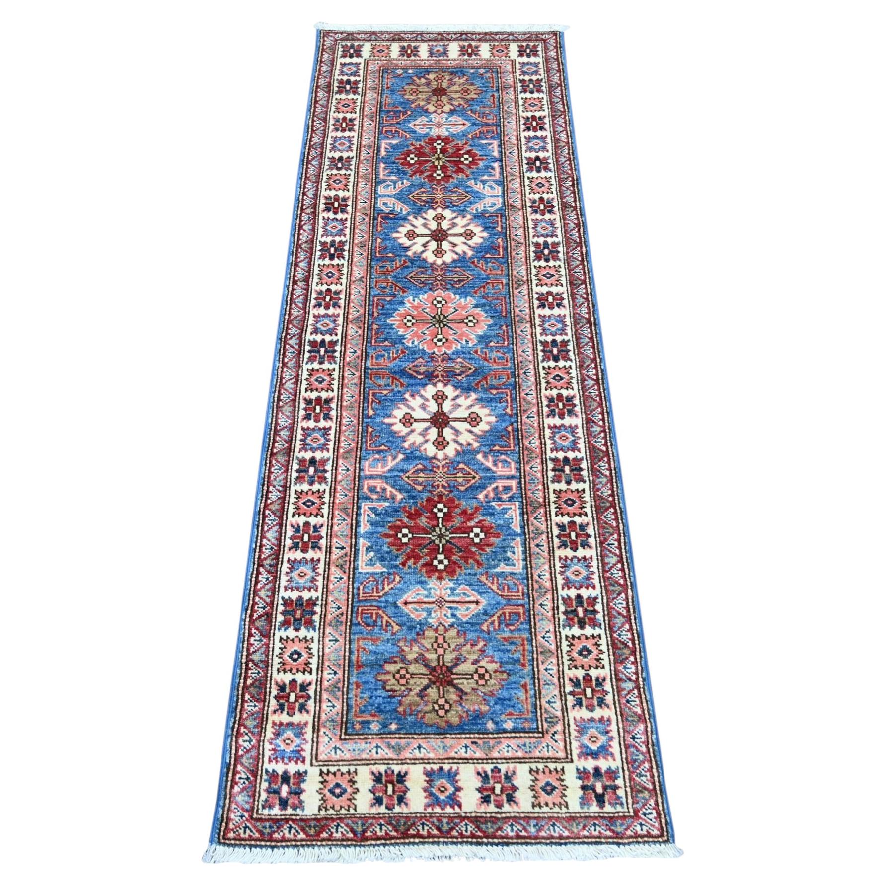 2'x6' Cerulean Blue Wool Hand Knotted Afghan Super Kazak Narrow Runner Rug