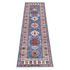 2'x6' Cerulean Blue Wool Hand Knotted Afghan Super Kazak Narrow Runner Rug