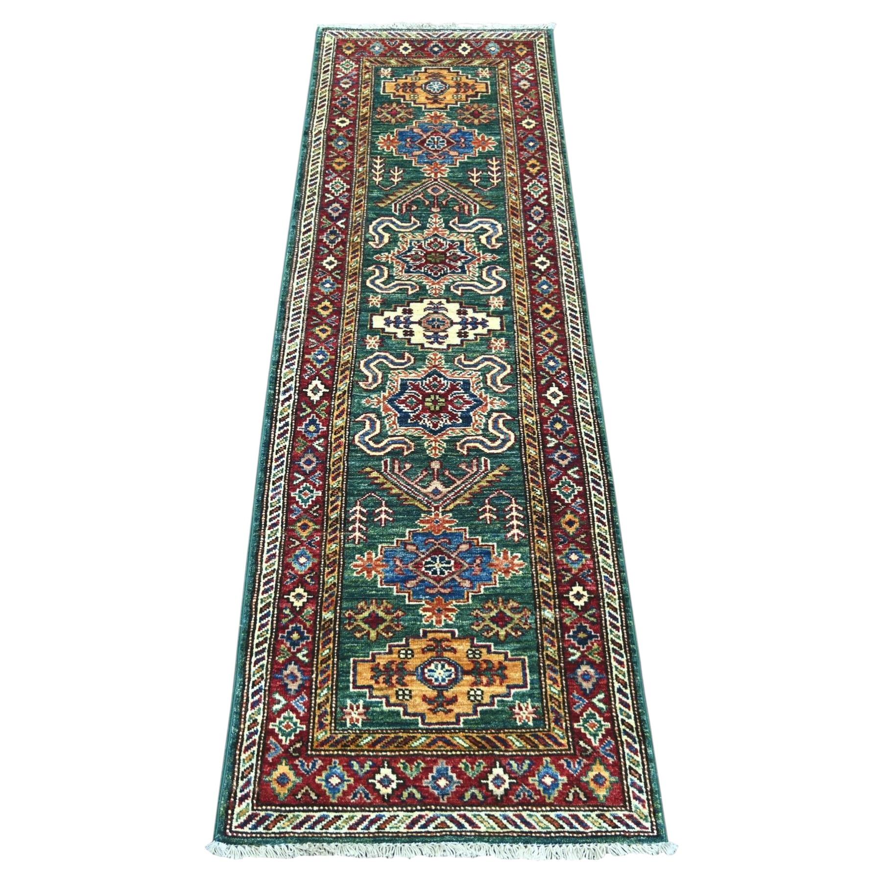 2'x6' Hunter Green Wool Hand Knotted Afghan Super Kazak Runner Rug