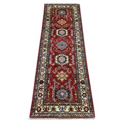 2'x6' Red Afghan Super Kazak Medallions Design Hand Knotted Wool Runner Rug