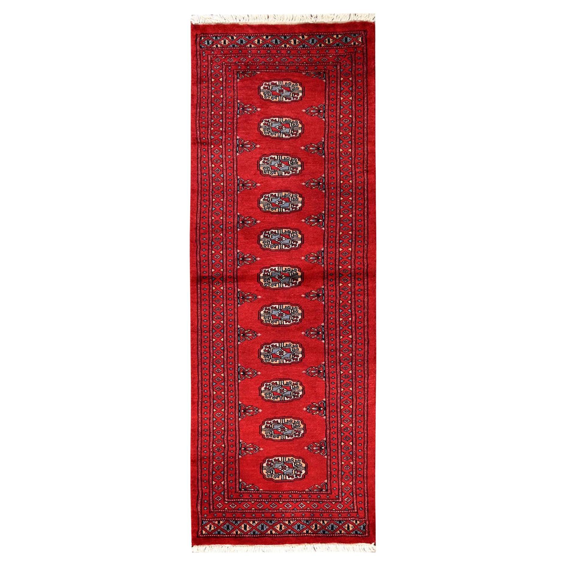 2
x6
 Red Princess Bokara Tribal Medallions Hand Knotted All Wool Runner Rug For Sale