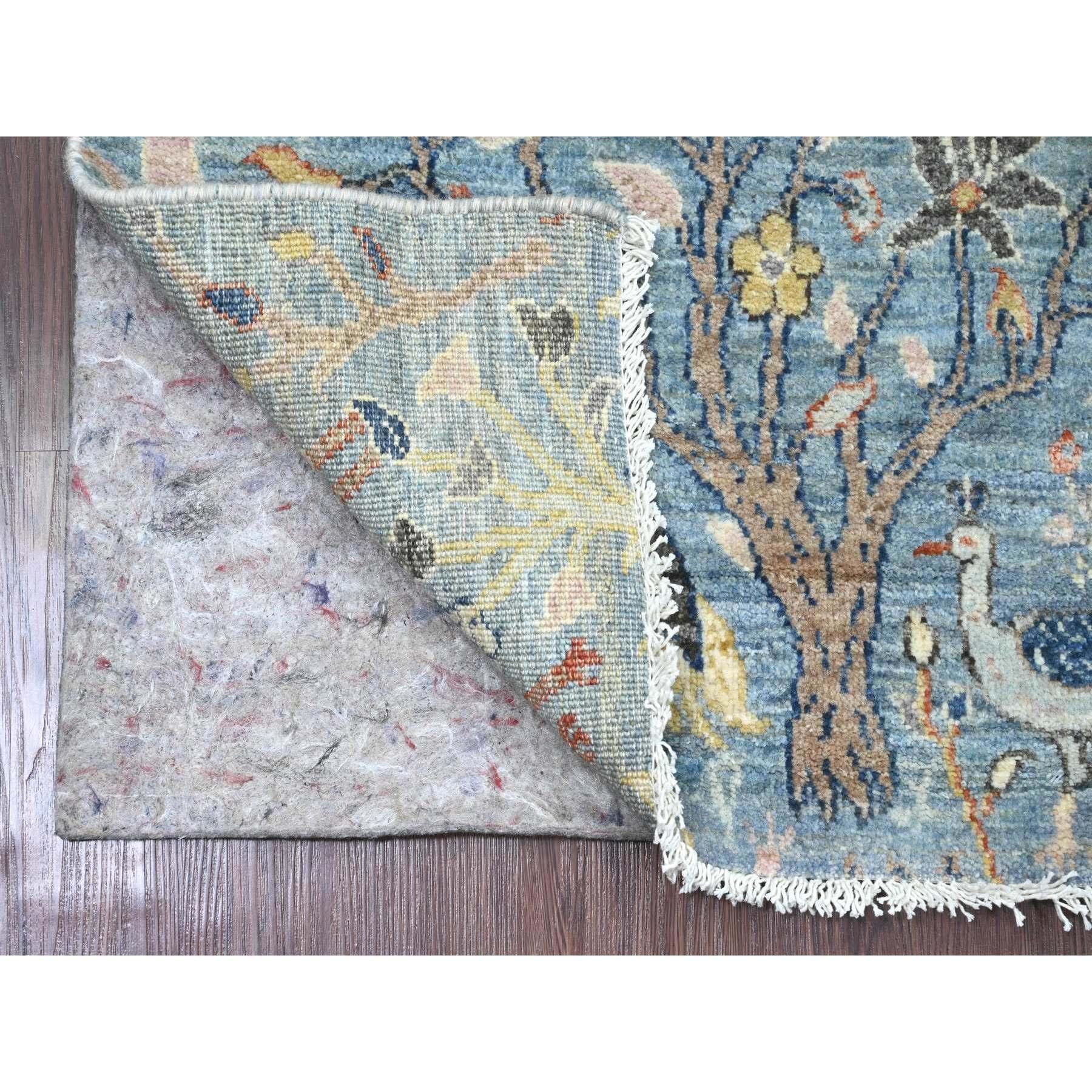 Carolina Blue, Afghan Peshawar with Birds of Paradise Design, Hand Knotted, Vegetable Dyes, Soft Wool, Narrow Runner, Oriental Rug
Primary materials: Wool
Latex: No Pile 
height: 0.25 Inches
Style: Transitional
Primary color: Blue
Secondary colors:
