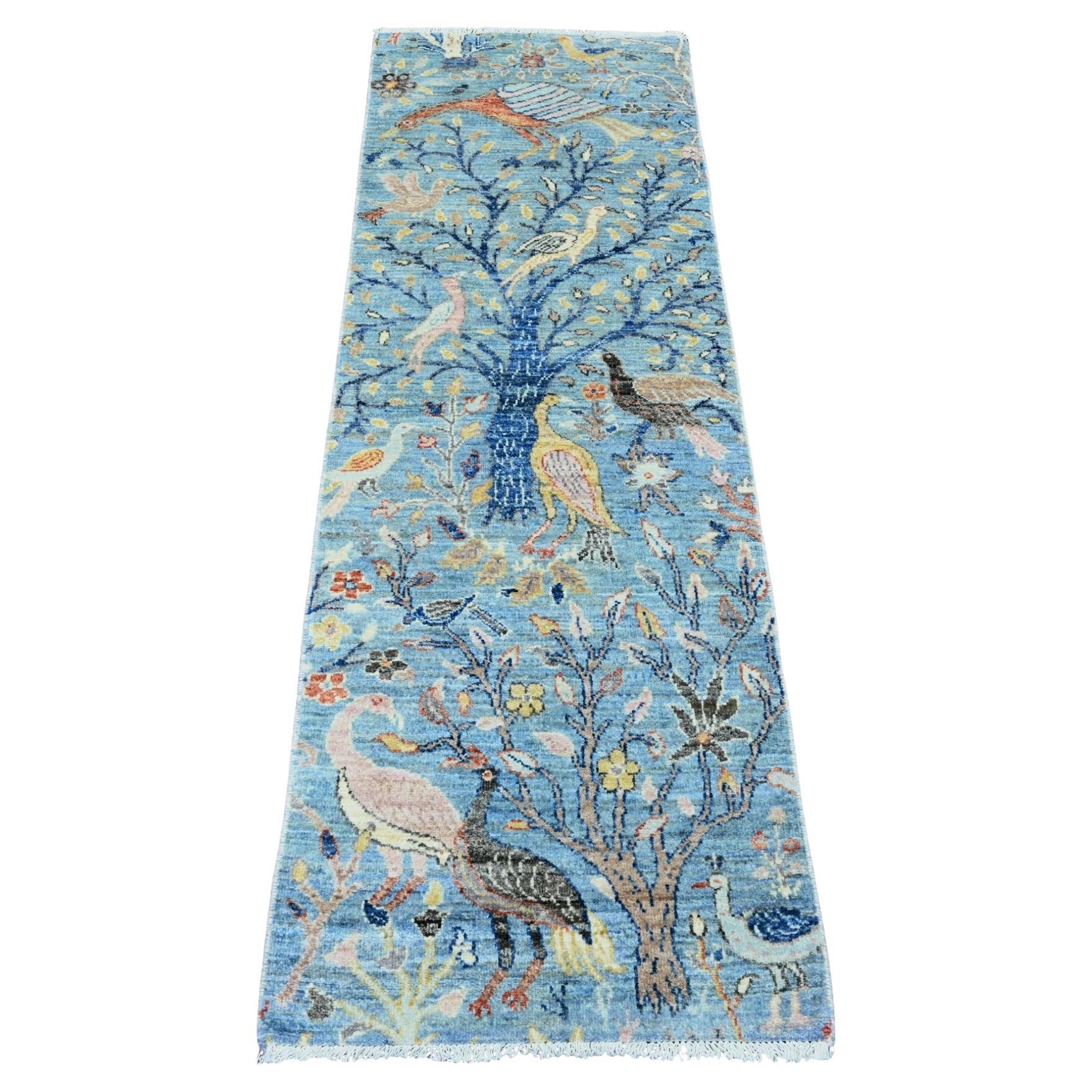 2'x6'1" Blue Afghan Peshawar Birds Design annodato a mano in morbida lana Runner Rugs