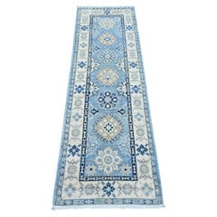 2'x6'1" Blue Vintage Look Kazak with Medallions Hand Knotted Wool Runner Rug