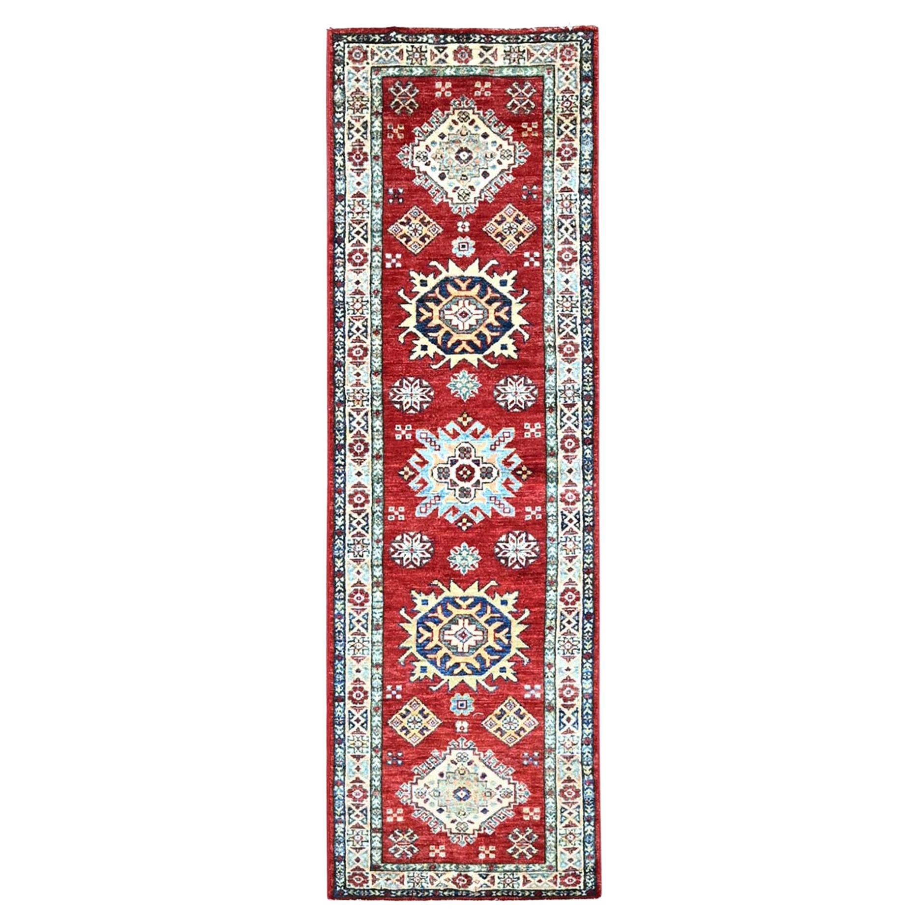 2'x6'1" Cherry Red Super Kazak Vegetable Dyes All Wool Runner Oriental Rug
