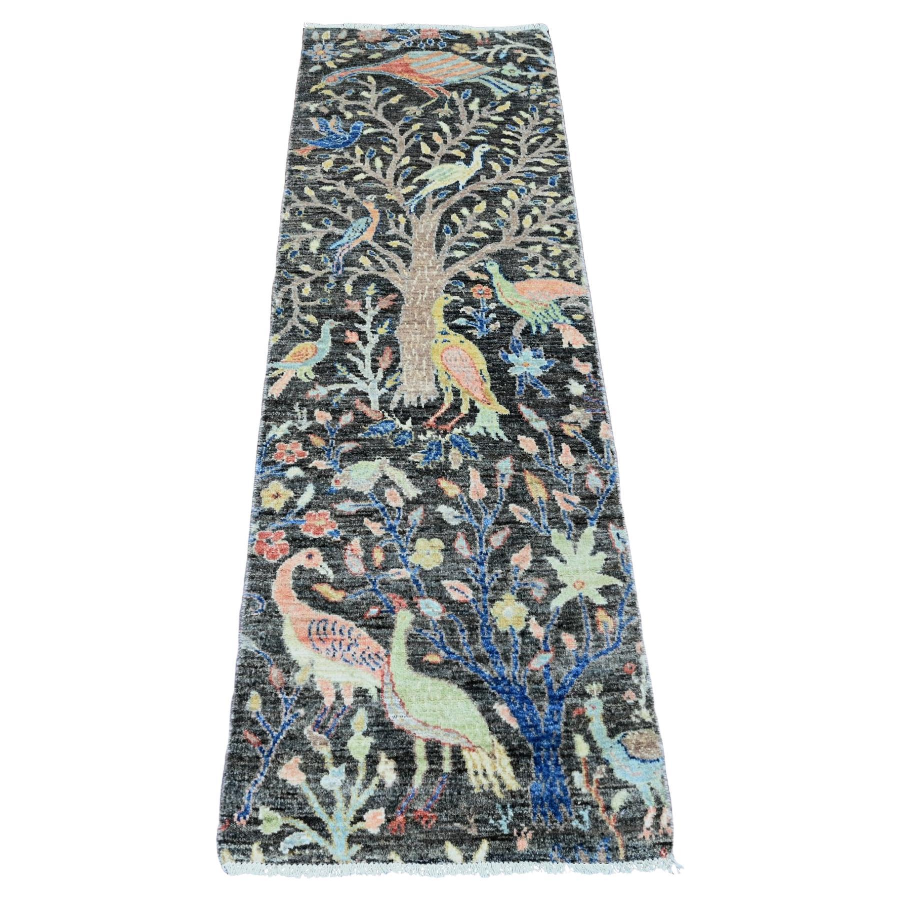 2'x6'2" Gray Hand Knotted Afghan Peshawar Birds Design Soft Wool Runner Rugs in vendita