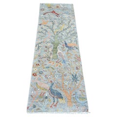 2'x6'2" Misty Gray Afghan Peshawar Birds Design Hand Knotted Wool Runner Rug