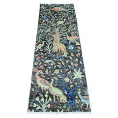 2'x6'2" Pebble Gray Hand Knotted Afghan Peshawar Birds Design Wool Runner Rug