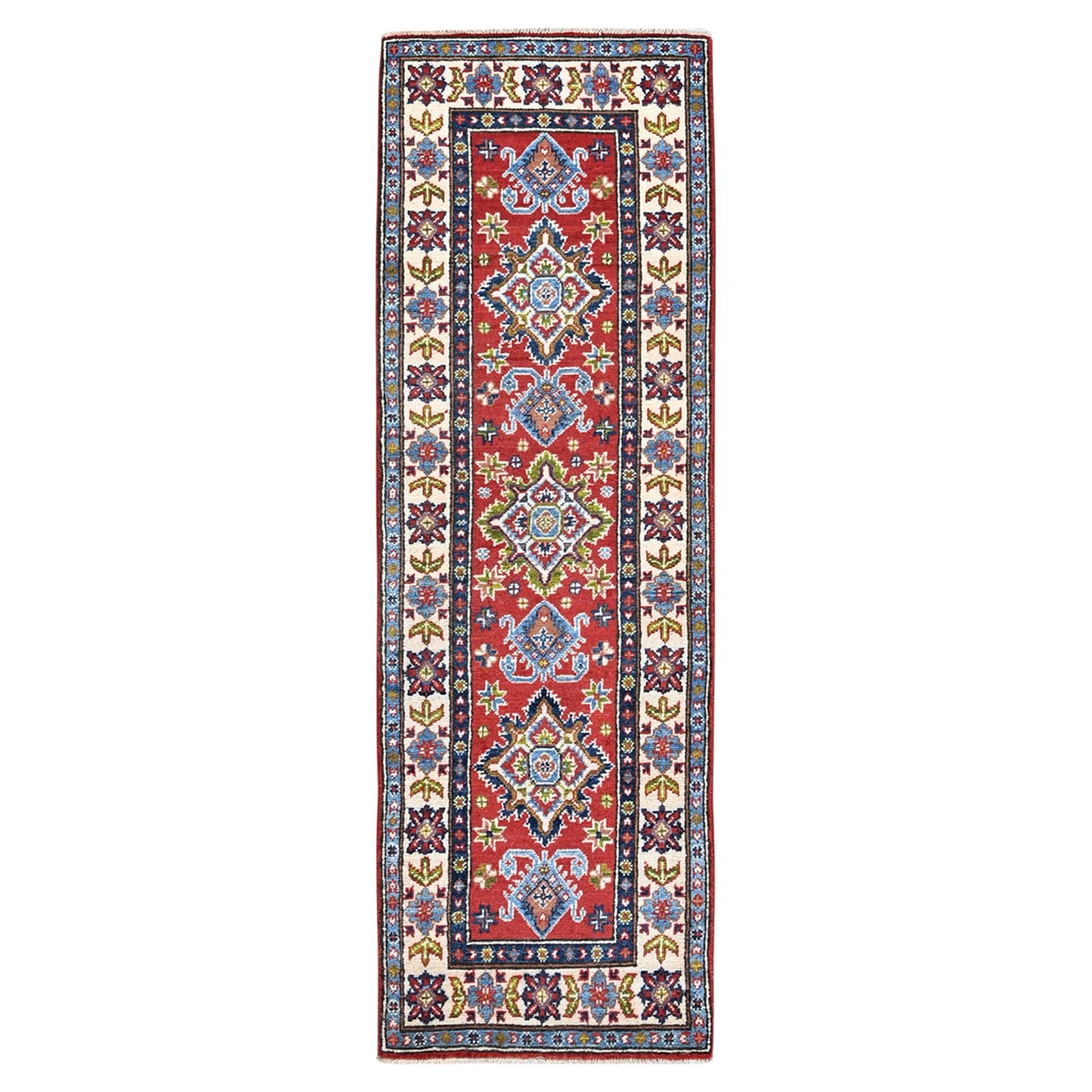 2'x6'2" Rot Kazak mit geometrischem Design Hand geknüpft Wolle Läufer Orientteppich