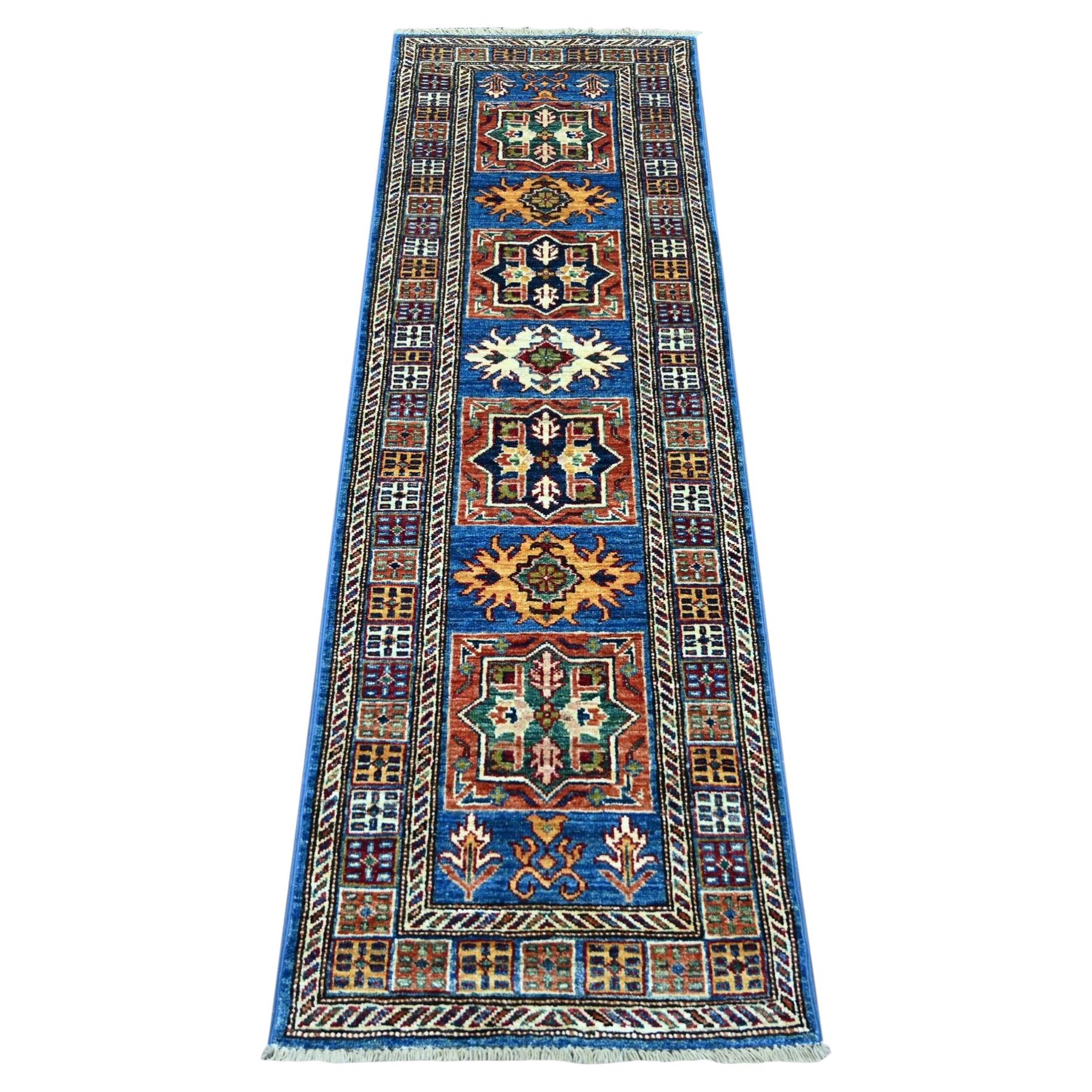 2'x6'3" Blue Afghan Super Kazak Medallions Design Hand Knotted Wool Runner Rug For Sale