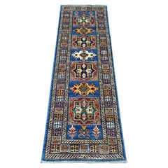 2'x6'3" Blue Afghan Super Kazak Medallions Design Hand Knotted Wool Runner Rug