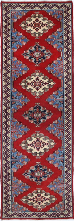 2x6.4 ft Handgefertigter roter Wollteppich. Handgeknüpfter Stammes-Akzent-Teppich für Heimdekoration
