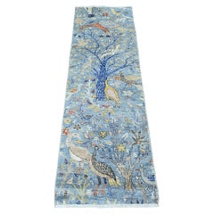 2'x6'4" Ruddy Blue Afghan Peshawar Birds Design Hand Knotted Wool Runner Rug