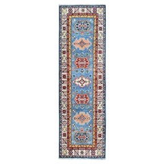 2'x6'6" Blue Kazak with Tribal Medallions Design Wool Hand Knotted Runner Rug