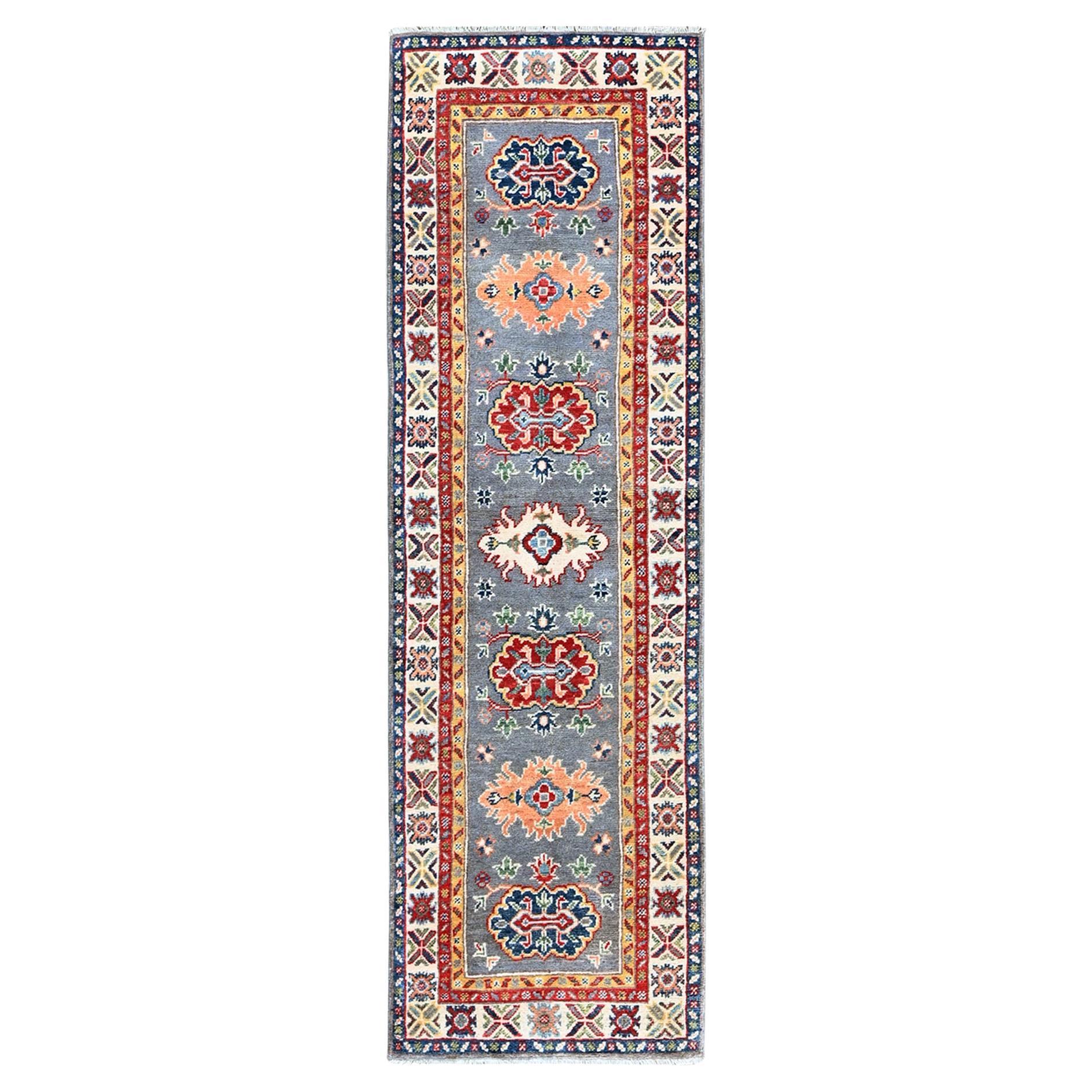 2'x6'6" Dove Gray Kazak with Medallions Design Wool Hand Knotted Runner Rug