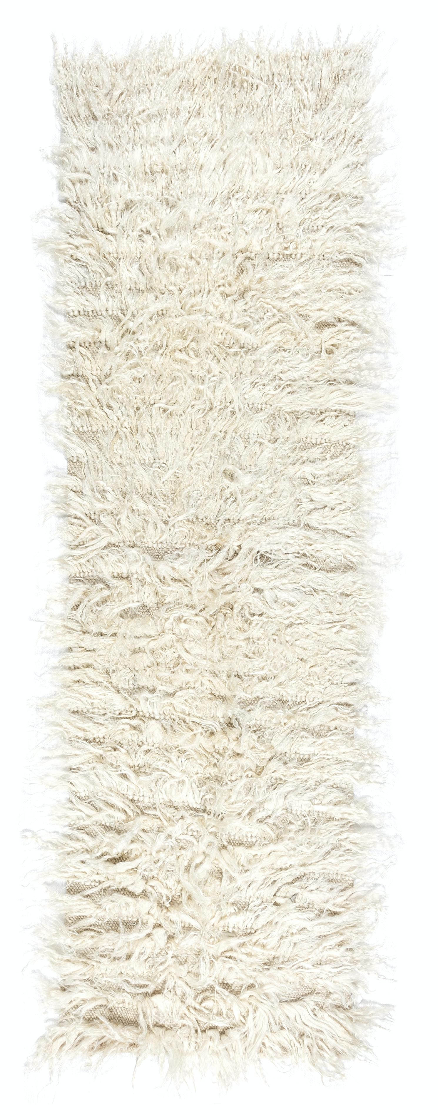Hand-Knotted 2x6.8 Ft Minimalist Angora Anatolian Tulu Runner Rug Made of Natural Mohair Woo For Sale