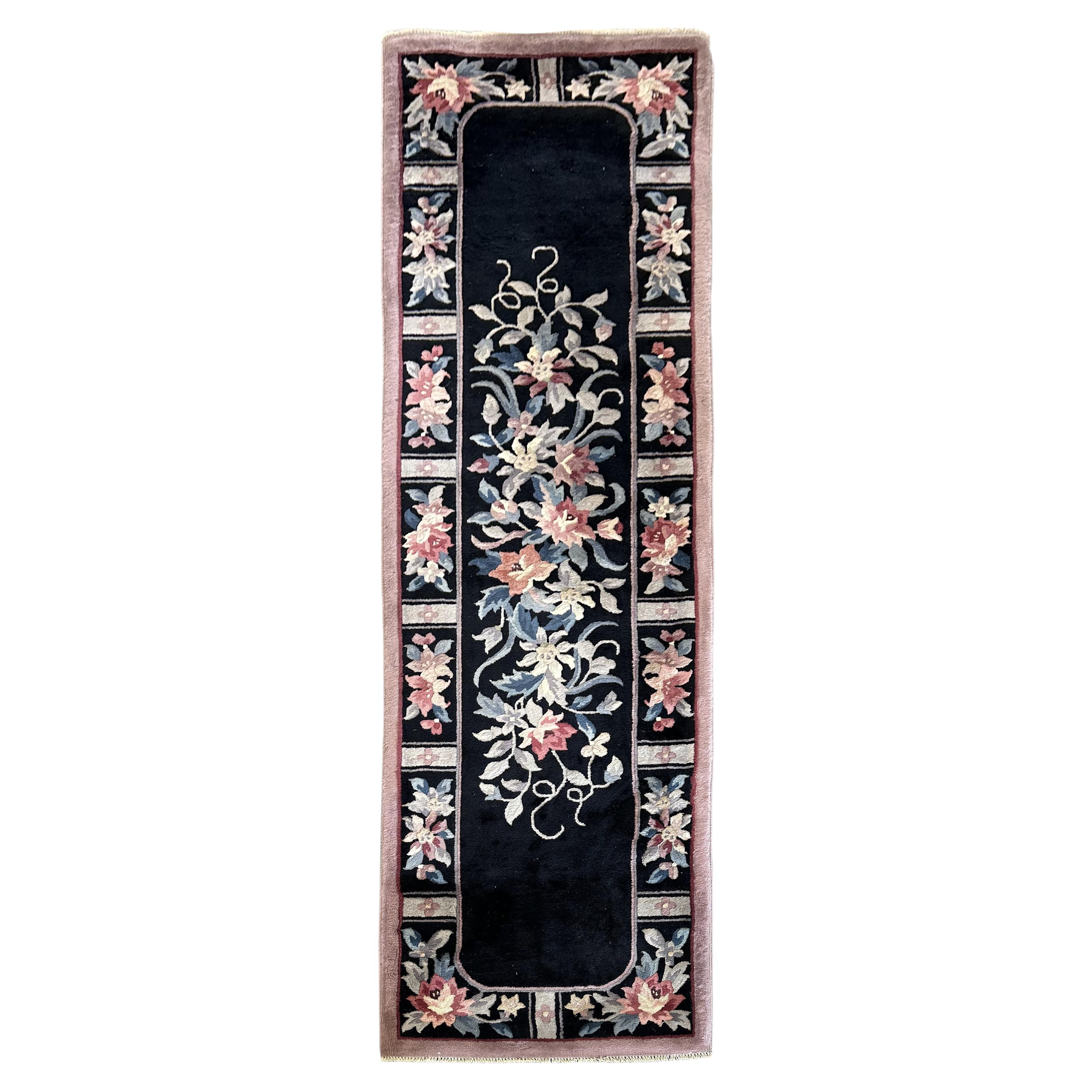 2x8 Antique Chinese Art Deco Runner Black Rug 69cmx249 cm c.1930 For Sale