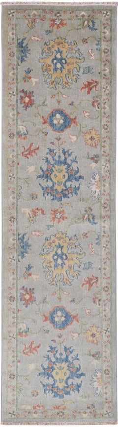 2x8 ft Oushak Hallway Runner, Gray Kitchen Rug, Floral Corridor Rug, Stair Rug