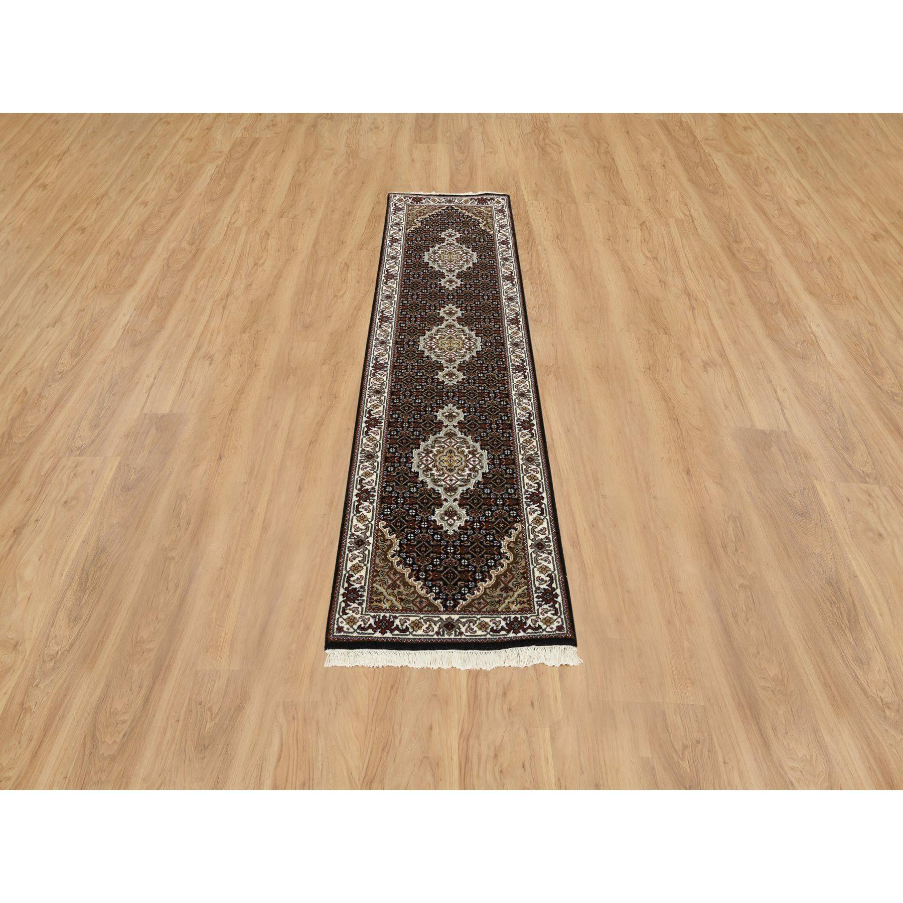 Rich Black, Tabriz Mahi with Fish Medallion Design, 175 KPSI, Pure Wool, Hand Knotted, Runner Oriental Rug
Primary materials: Wool
Latex: No Pile 
height: 0.25 Inches
Style: Traditional
Primary color: Black
Secondary colors: Green, Brown, Red,