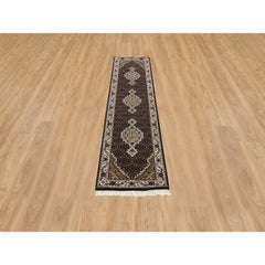 2'x8'1" Rich Black Tabriz Mahi 175 KPSI Pure Wool Hand Knotted Runner Rug