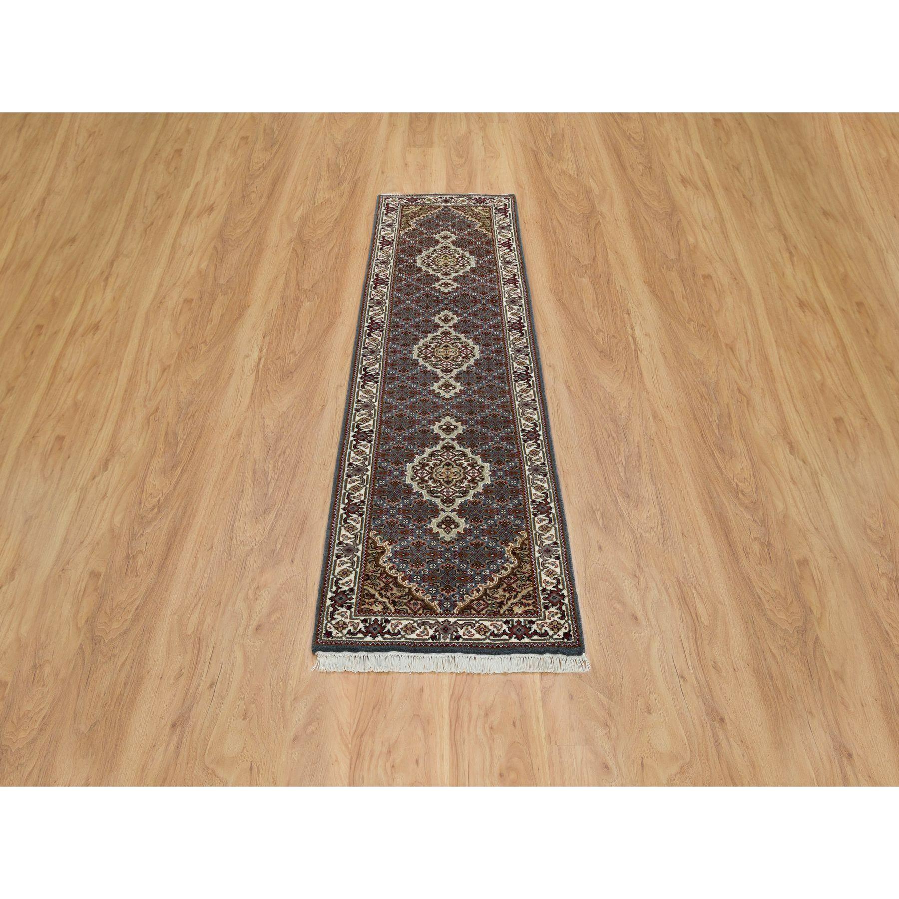 Light Gray, Tabriz Mahi with Fish Medallion Design, Pure Wool, 175 KPSI, Hand Knotted, Runner Oriental Rug
Primary materials: Wool
Latex: No Pile 
height: 0.25 Inches
Style: Traditional
Primary color: Grey
Secondary colors: Dark Green, Brown,