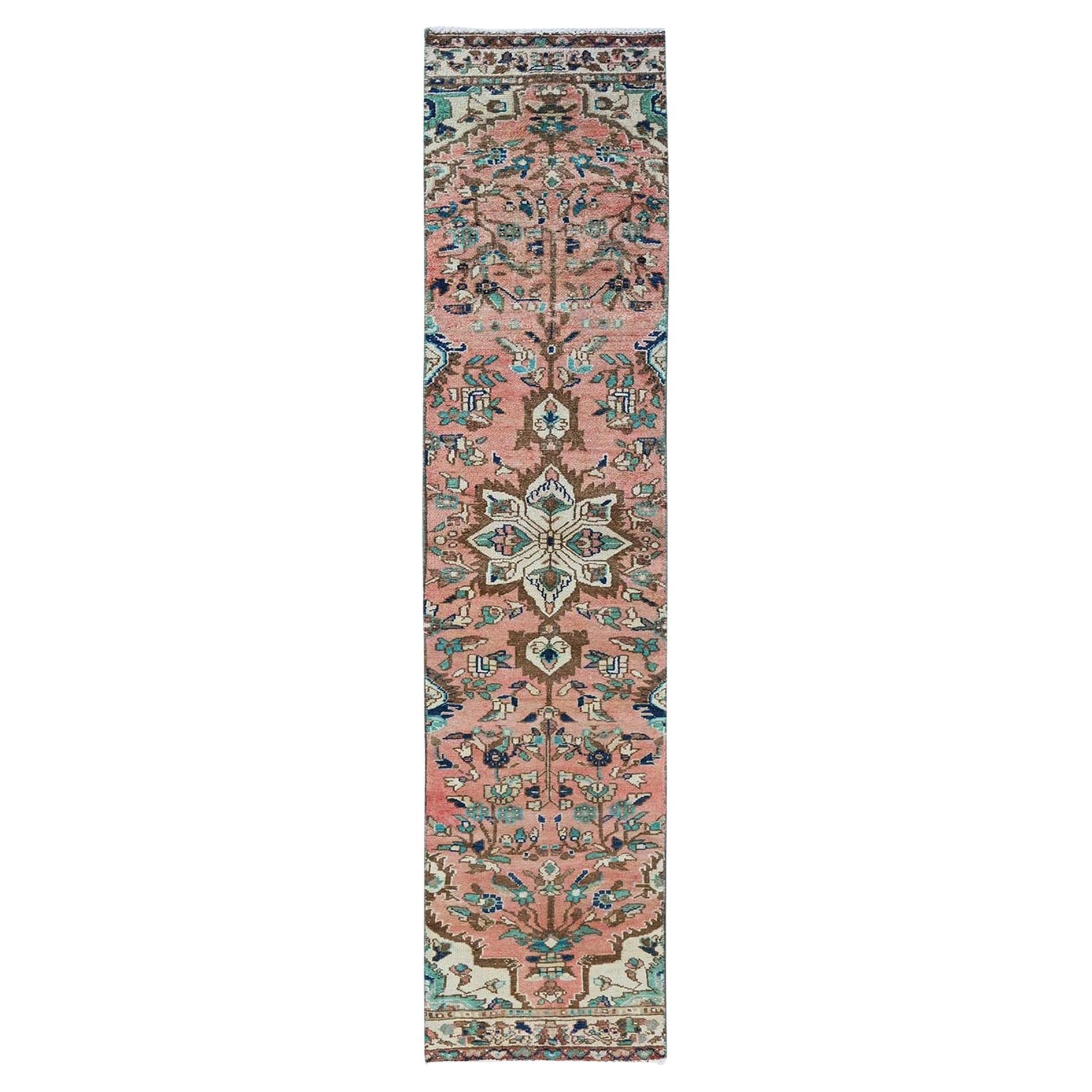 2'x9' Salmon Pink Vintage Persian Heriz Hand Knotted Wool Runner Rug For Sale