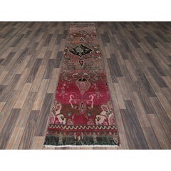 2'x9'7" Coral Red Vintage Persian Hamadan Hand Knotted Pure Wool Runner Rug