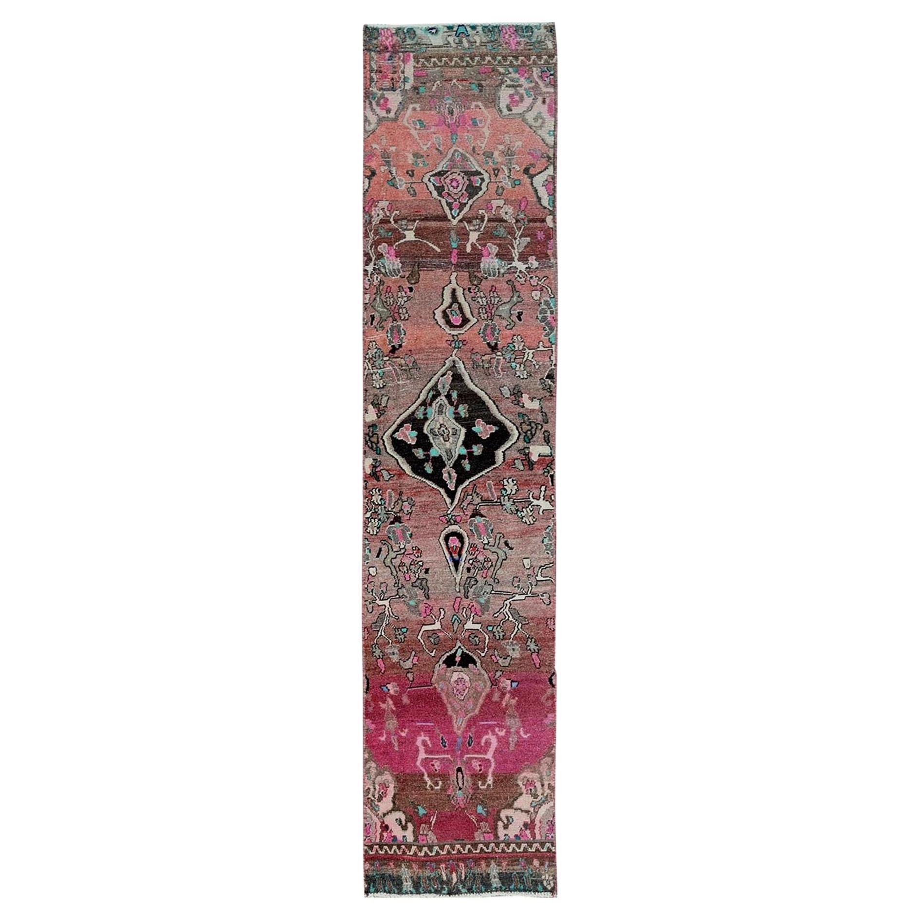 2'x9'7" Coral Red Vintage Persian Hamadan Hand Knotted Pure Wool Runner Rug