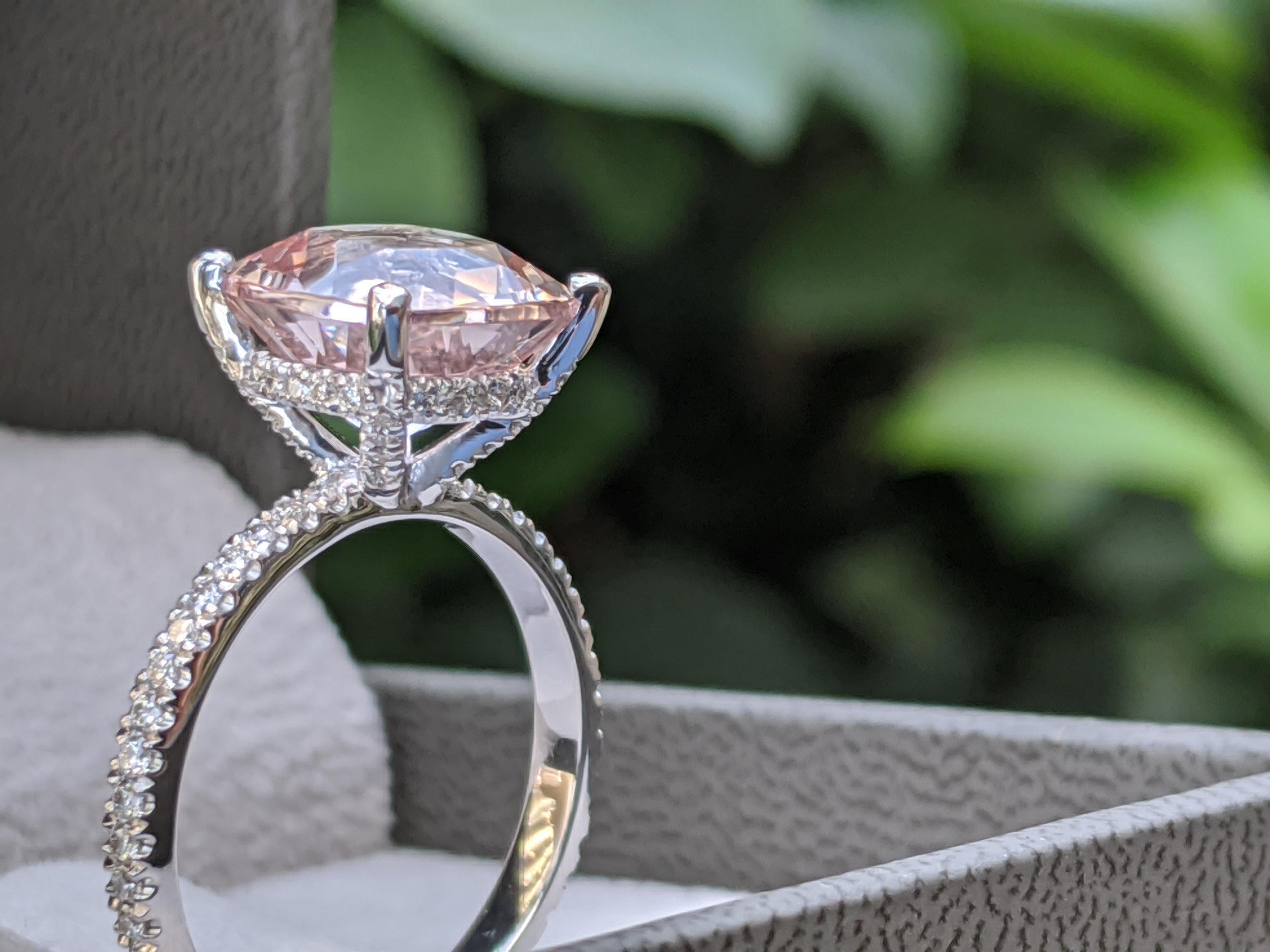 3 1/2 Carat Morganite Engagement Ring White Gold Cushion Morganite Ring Hidden Halo Diamonds Cushion Morganite Ring 
 
 One of a kind 3 1/2 Carat Morganite and Diamonds Engagement Ring - An amazing 10mm pink/peach natural cushion morganite