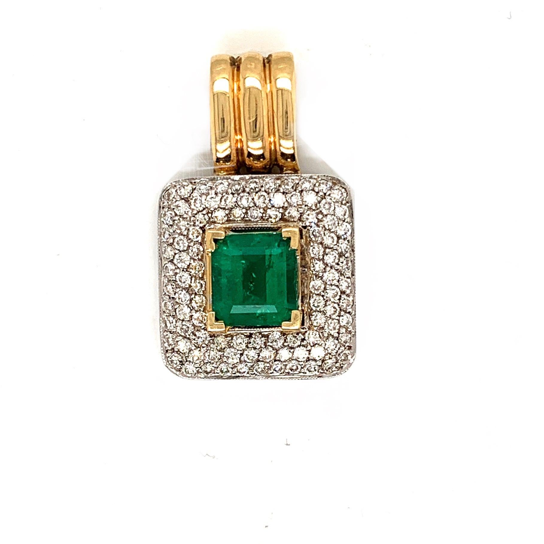 This unusual pendant featuring a 3 1/2 carat Colombian Emerald. Mounted in platinum and 18k Gold setting with a pave’ of 5 1/2 carats of white Diamonds.
Colombian emeralds are said to be the purest emeralds in the world, when it comes to rich
