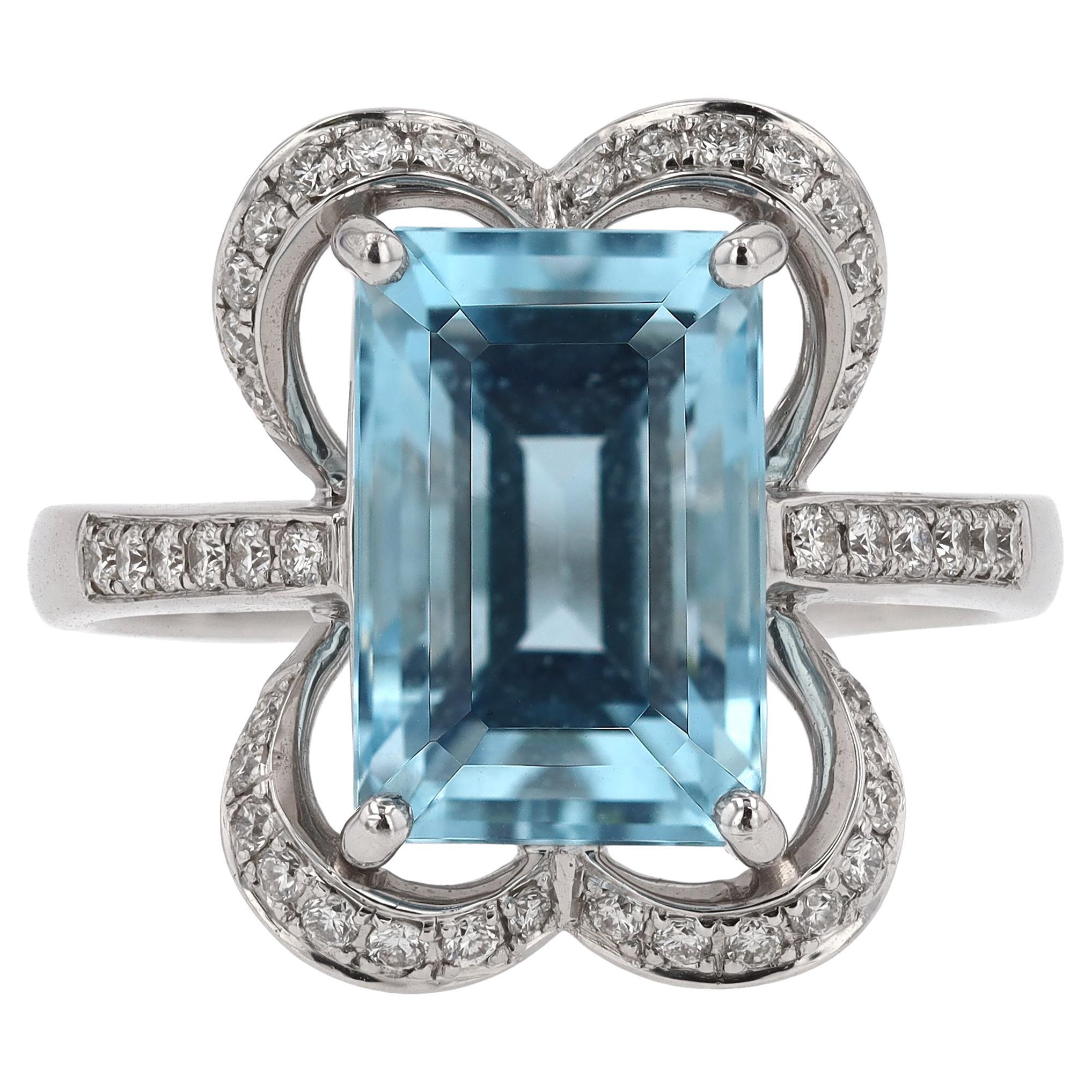 Vintage Emerald Cut Aquamarine Alhambra Engagement Ring For Sale