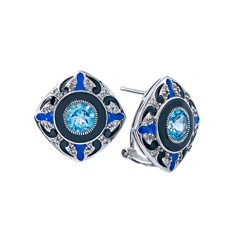 Contemporary 3-1/2 ct. Blue and White Topaz with Enameled Latch Sterling Silver Earrings For Sale