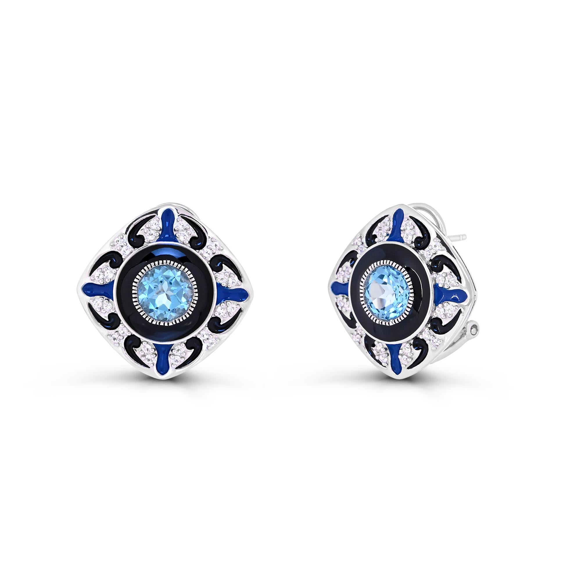 Round Cut 3-1/2 ct. Blue and White Topaz with Enameled Latch Sterling Silver Earrings For Sale