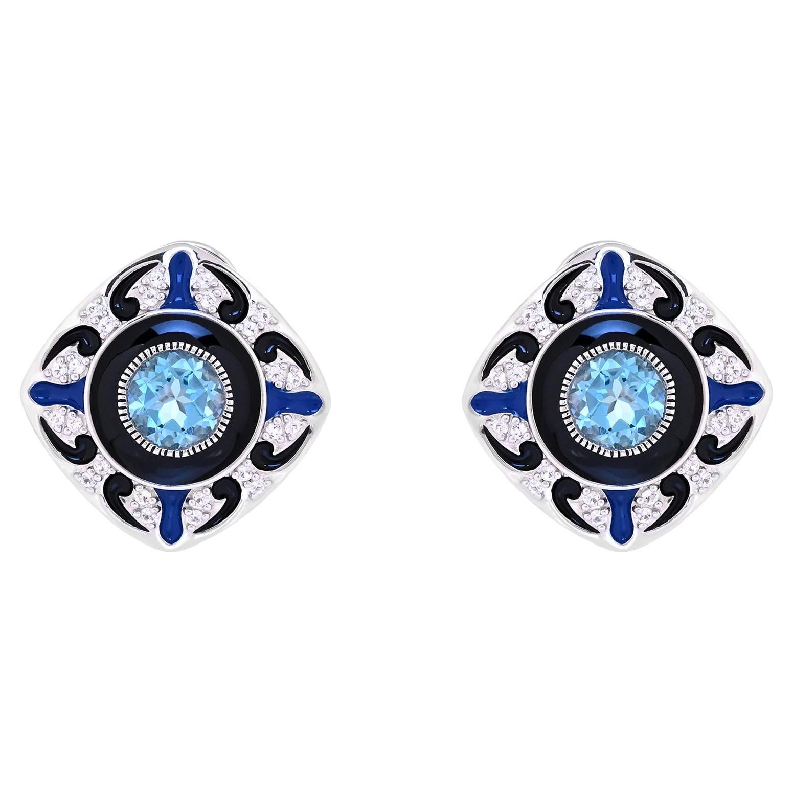 3-1/2 ct. Blue and White Topaz with Enameled Latch Sterling Silver Earrings For Sale