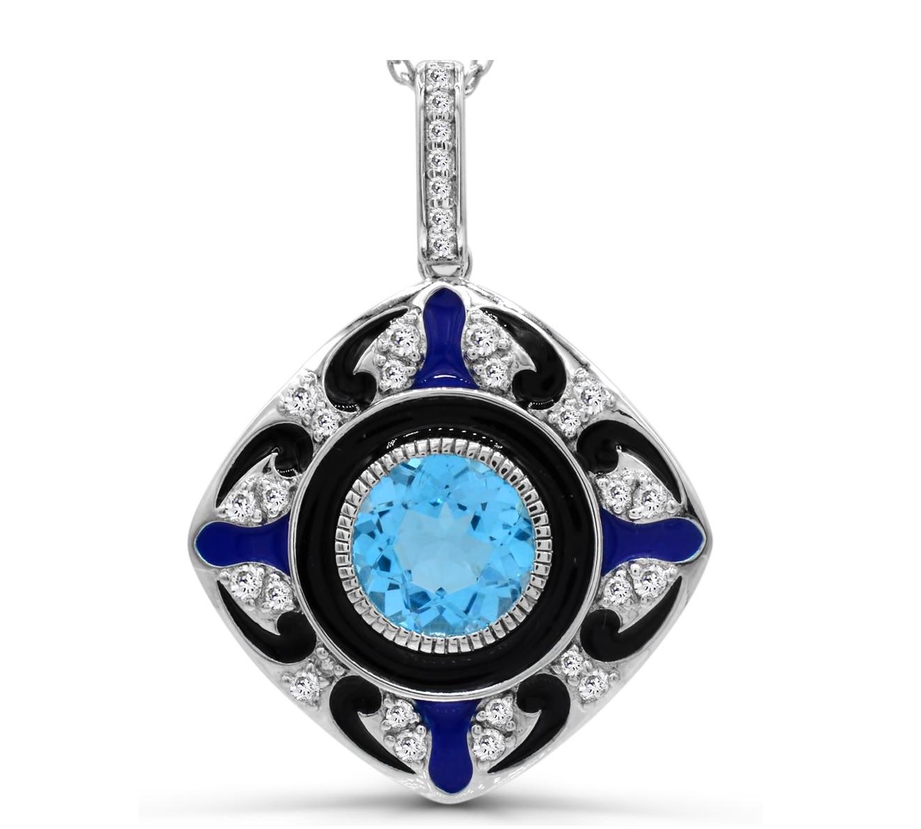 Indulge in the elegance of our Swiss Blue Topaz & White Topaz Black/Blue Enamel Accented Pendant Necklace in Sterling Silver. Crafted with meticulous attention to detail, this necklace boasts a stunning combination of one round Swiss blue topaz