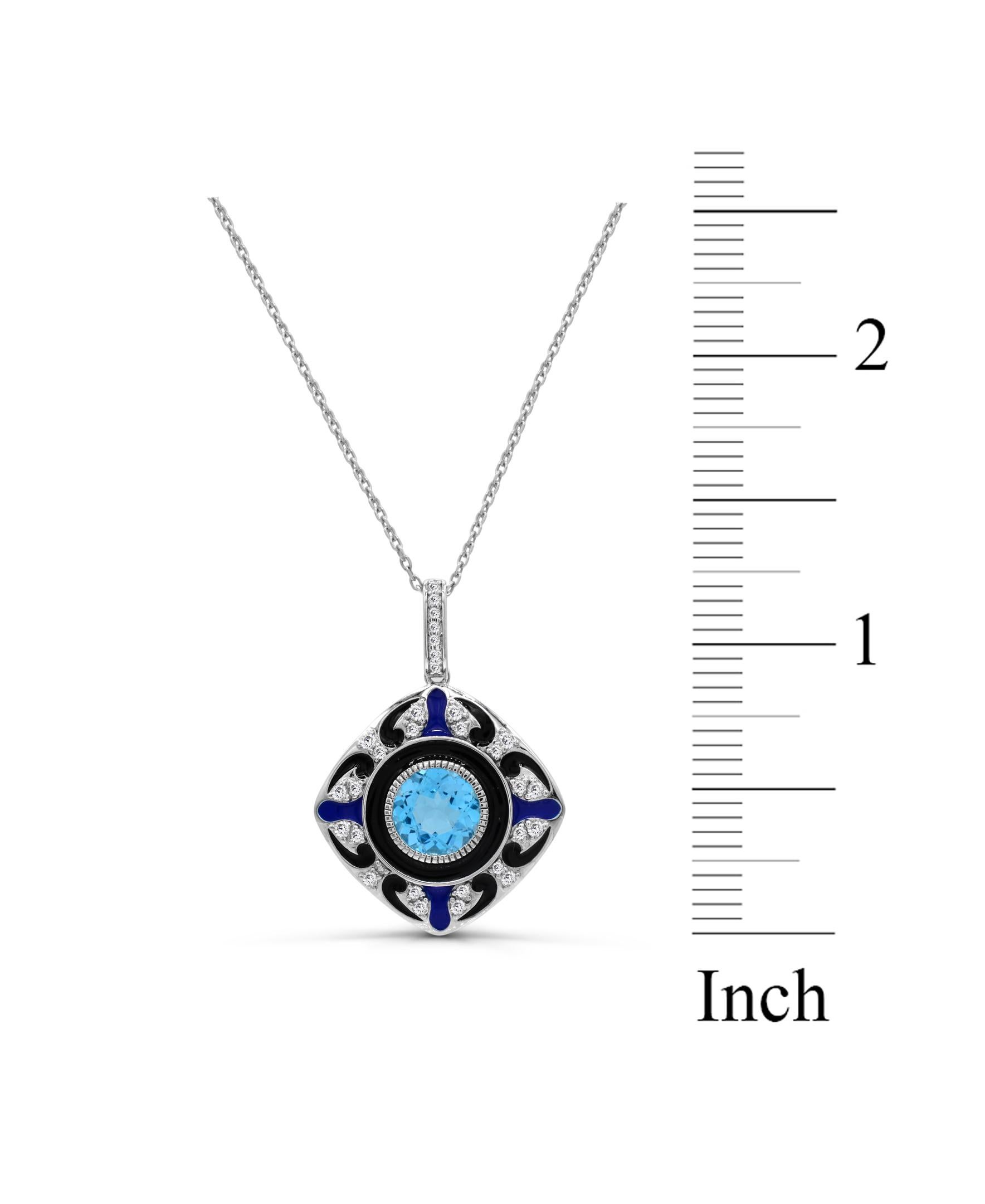 Round Cut 3-1/20 ct. Blue and White Topaz Accent Enamel Sterling Silver Pendant Necklace For Sale