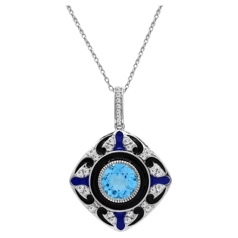 3-1/20 ct. Blue and White Topaz Accent Enamel Sterling Silver Pendant Necklace For Sale