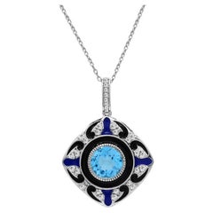 3-1/20 ct. Blue and White Topaz Accent Enamel Sterling Silver Pendant Necklace