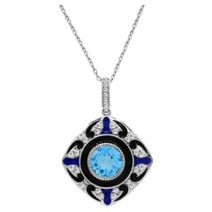 3-1/20 ct. Collier pendentif en argent sterling avec émail et accents de topaze bleue et blanche