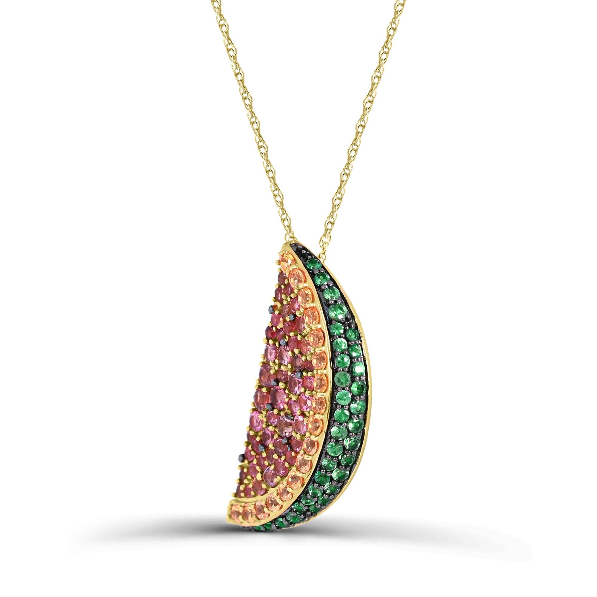 Indulge in the adorable design of our Pink Tourmaline, Yellow Sapphire and Tsavorite Water Melon Pendant Necklace in 14K Yellow Gold. Crafted with meticulous attention to detail, this necklace boasts a stunning combination of round pink tourmalines,