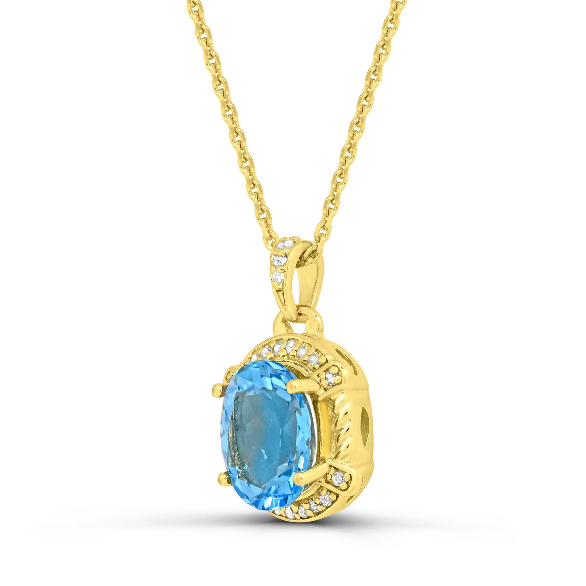 Indulge in the elegance of our Oval Swiss Blue Topaz and White Diamond Accent Pendant Necklace in 18K Yellow Gold over Sterling Silver. Crafted with meticulous attention to detail, this necklace boasts a shining combination of oval Swiss blue topaz