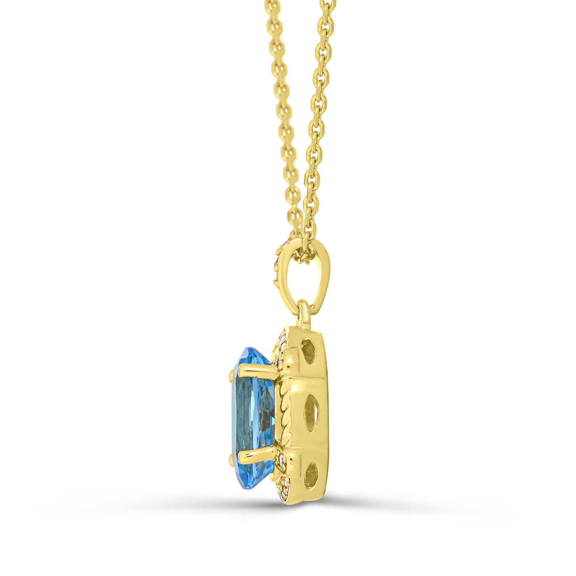 Contemporary 3-1/4 Carat 18K Gold over Silver Swiss Blue Topaz and Diamond Pendant Necklace For Sale