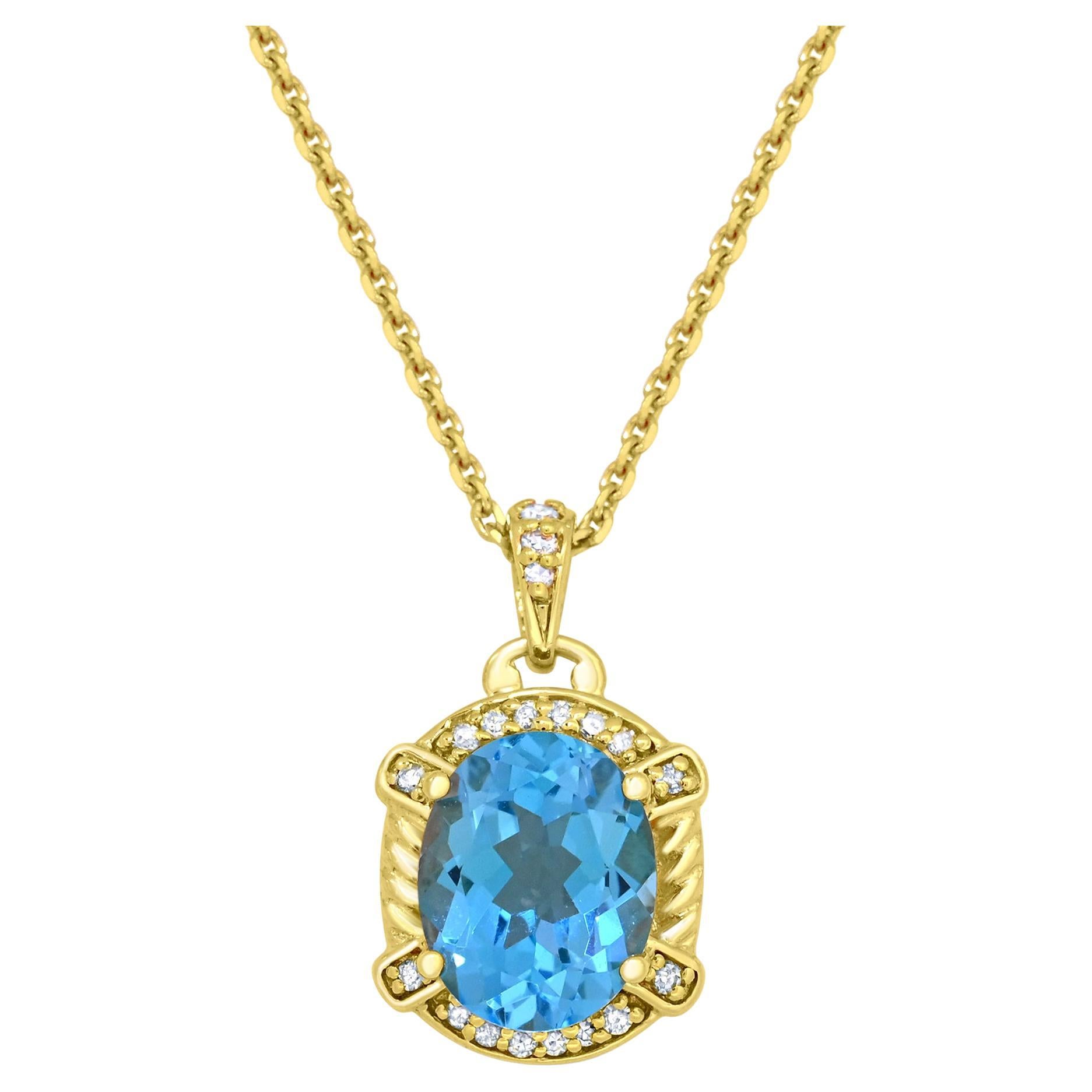 3-1/4 Carat 18K Gold over Silver Swiss Blue Topaz and Diamond Pendant Necklace For Sale
