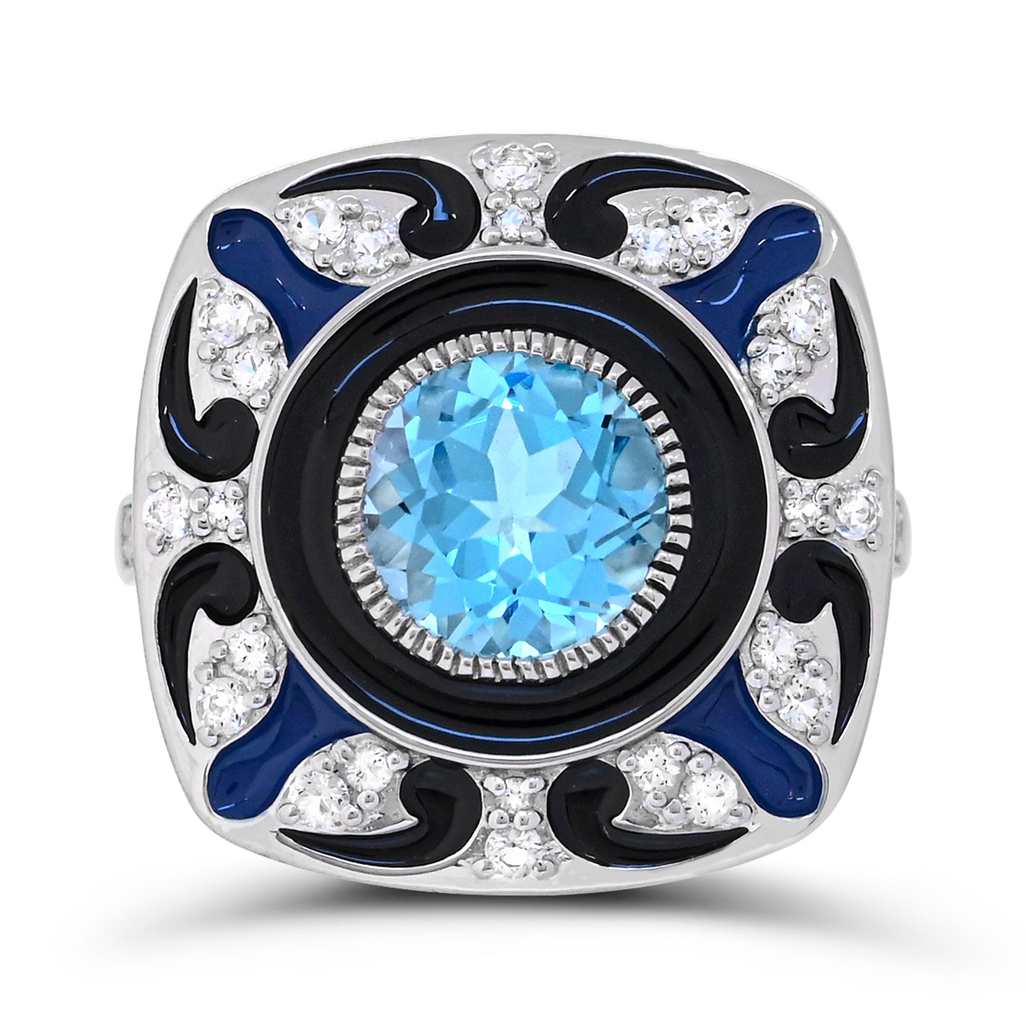 Indulge in the uniqueness of our Swiss Blue/White Topaz and Black/Blue Enamel Sterling Silver Cocktail Ring. Crafted with meticulous attention to detail, this ring boasts a stunning combination of one round Swiss blue topaz accented by sparkling
