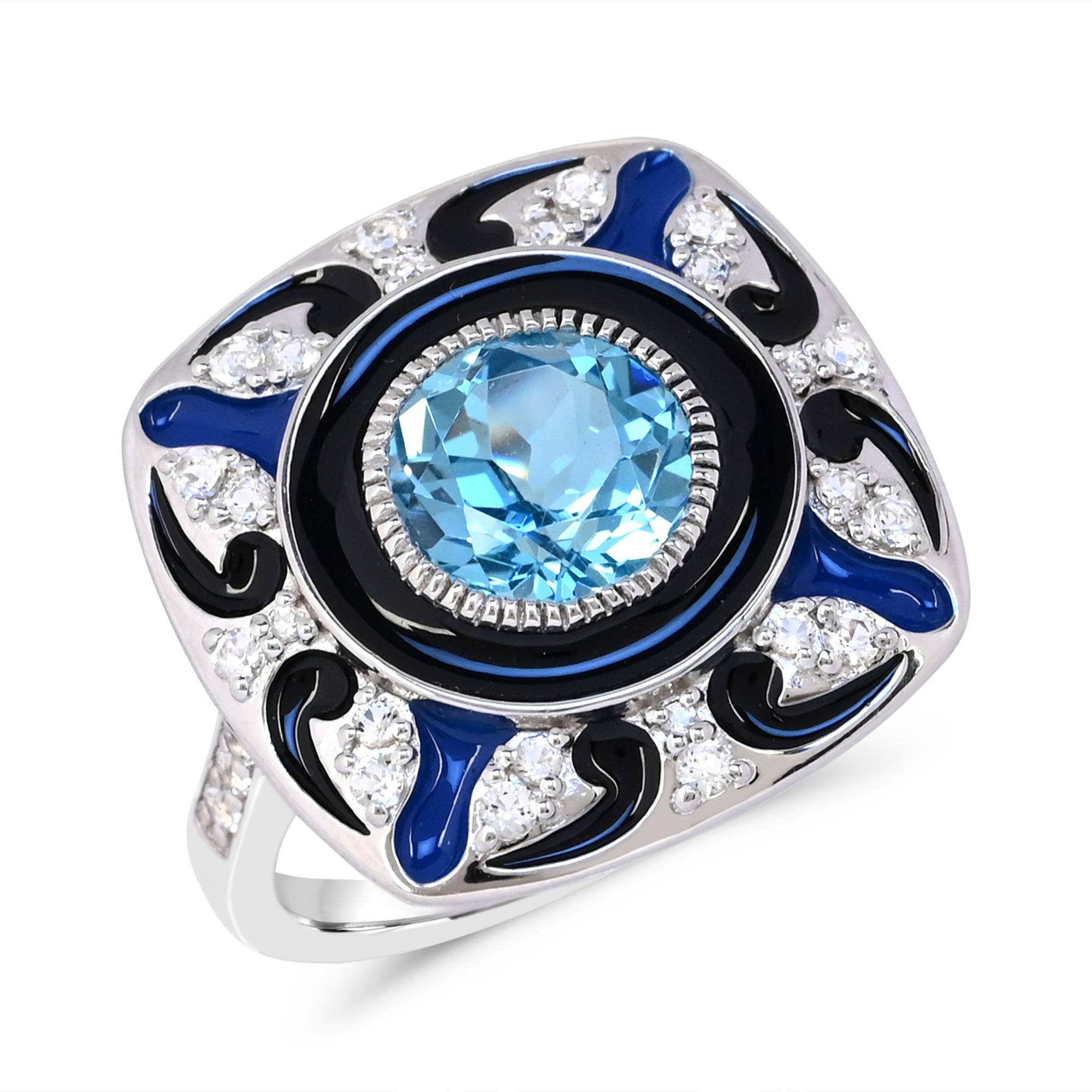 Contemporary 3-1/6 ct. Swiss Blue/White Topaz and Black/Blue Enamel Sterling Silver Ring