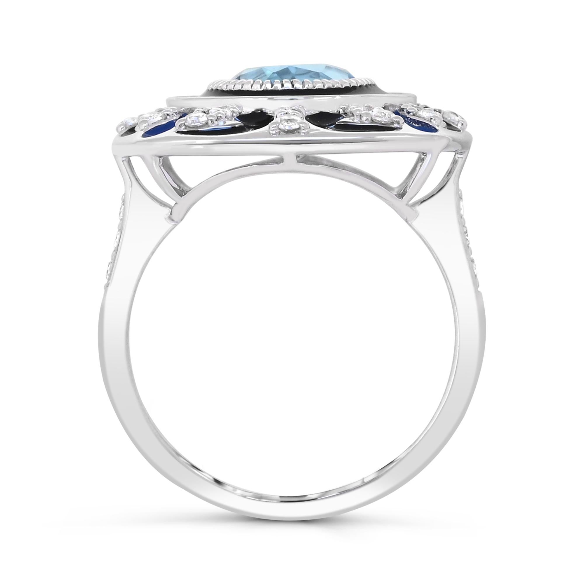 Round Cut 3-1/6 ct. Swiss Blue/White Topaz and Black/Blue Enamel Sterling Silver Ring