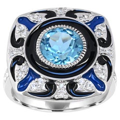 3-1/6 ct. Swiss Blue/White Topaz and Black/Blue Enamel Sterling Silver Ring