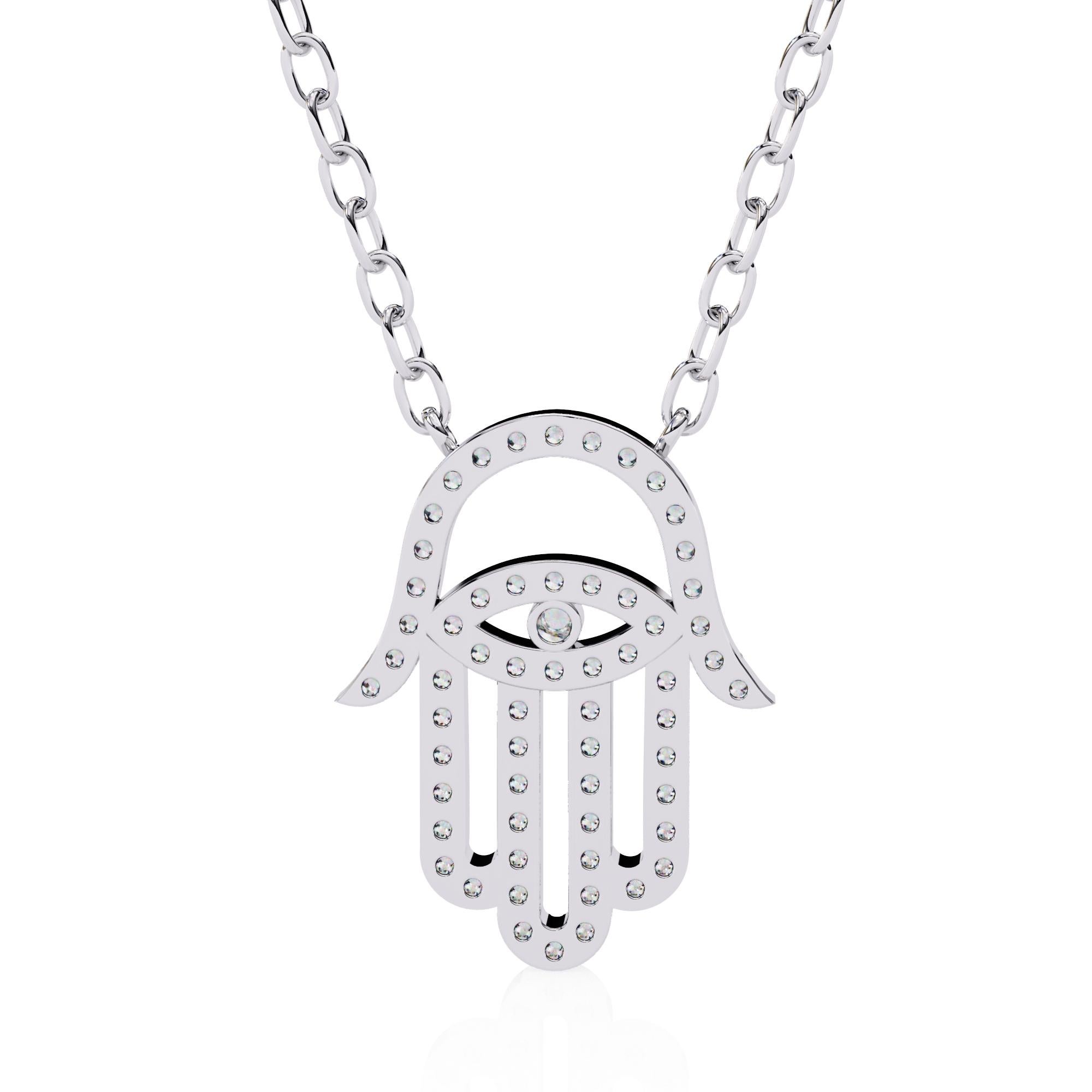 Contemporary 3/10 Ctw Hamsa Hand of Fatima Diamond Evil Eye Necklace, 14K Solid Gold, SI GH For Sale