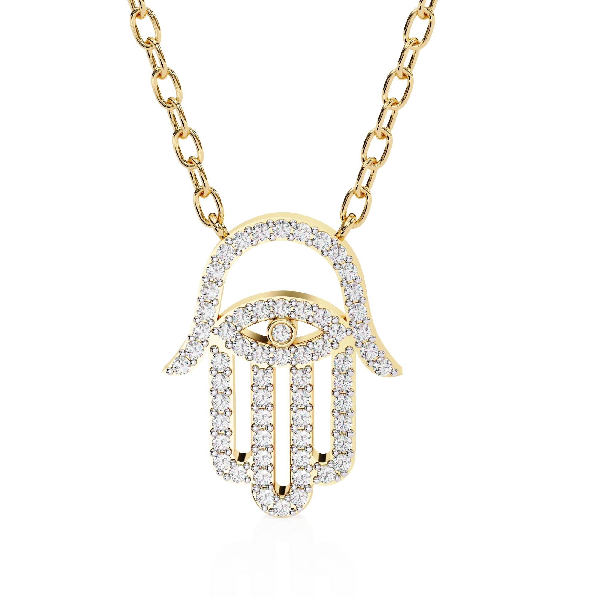 Round Cut 3/10 Ctw Hamsa Hand of Fatima Diamond Evil Eye Necklace, 14K Solid Gold, SI GH For Sale